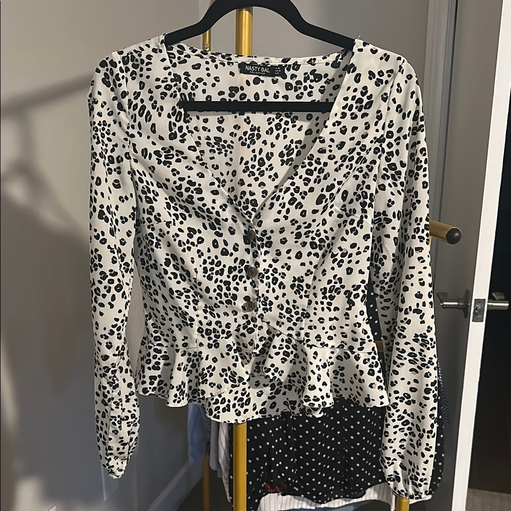 Nasty Gal Black and White Animal Print TREND Peplum Blouse